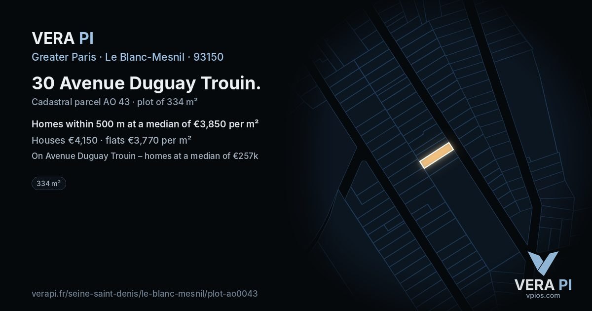 30 Avenue Duguay Trouin, Le Blanc-Mesnil at night – the plot lit, the parcels around coloured by the prices near them