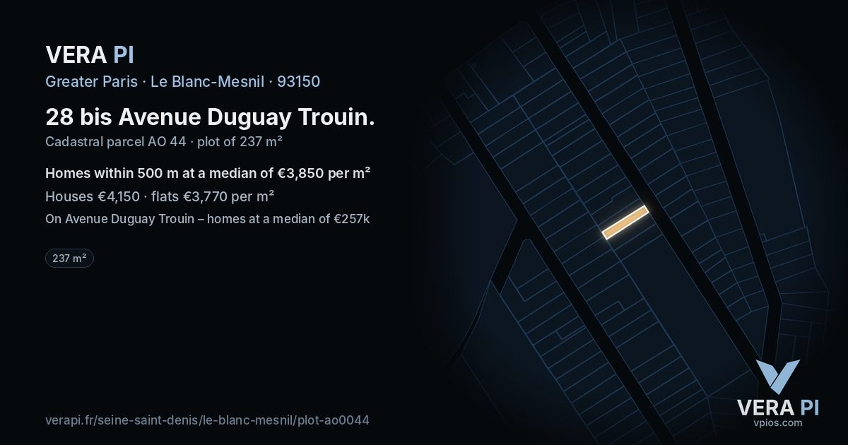 28 bis Avenue Duguay Trouin, Le Blanc-Mesnil at night – the plot lit, the parcels around coloured by the prices near them