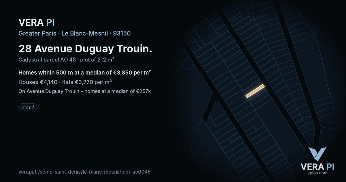 28 Avenue Duguay Trouin, Le Blanc-Mesnil at night – the plot lit, the parcels around coloured by the prices near them