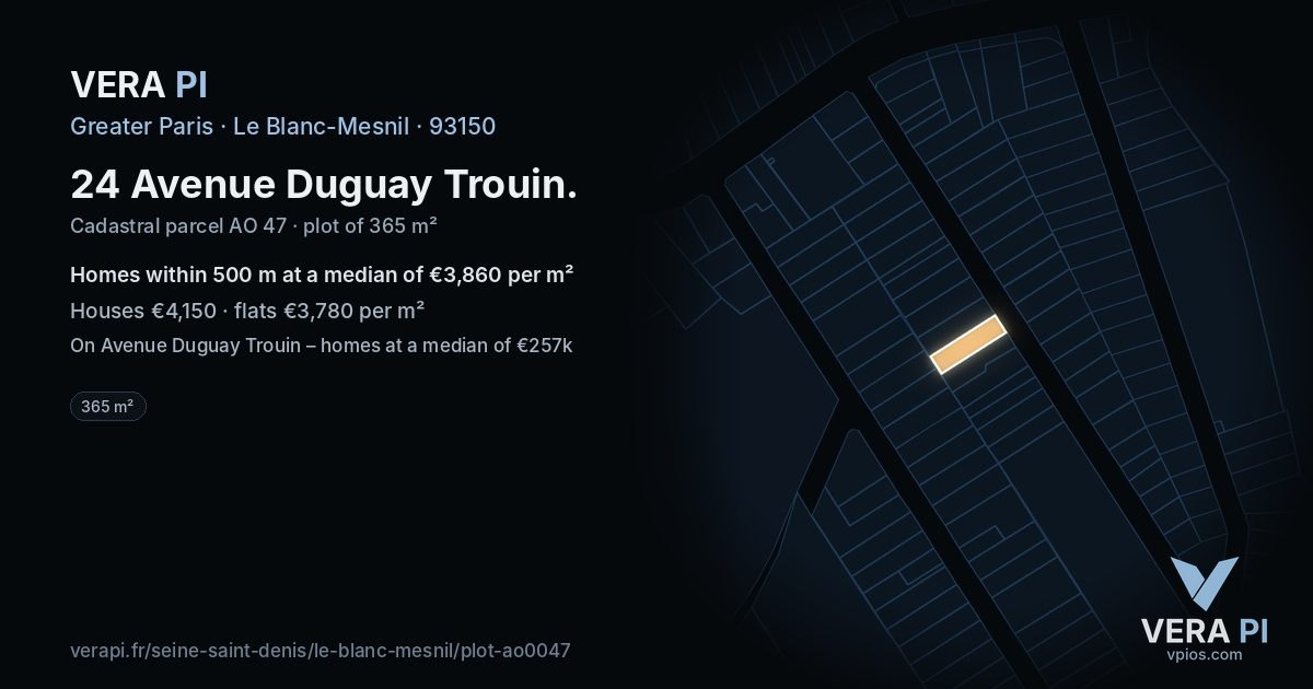 24 Avenue Duguay Trouin, Le Blanc-Mesnil at night – the plot lit, the parcels around coloured by the prices near them
