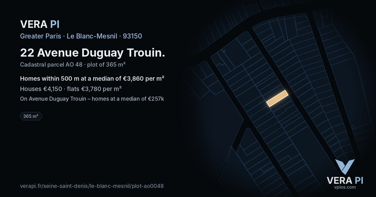 22 Avenue Duguay Trouin, Le Blanc-Mesnil at night – the plot lit, the parcels around coloured by the prices near them