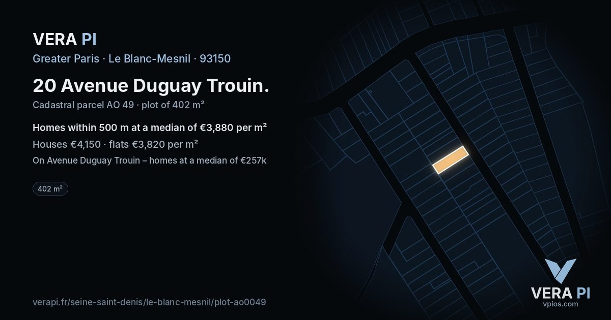 20 Avenue Duguay Trouin, Le Blanc-Mesnil at night – the plot lit, the parcels around coloured by the prices near them