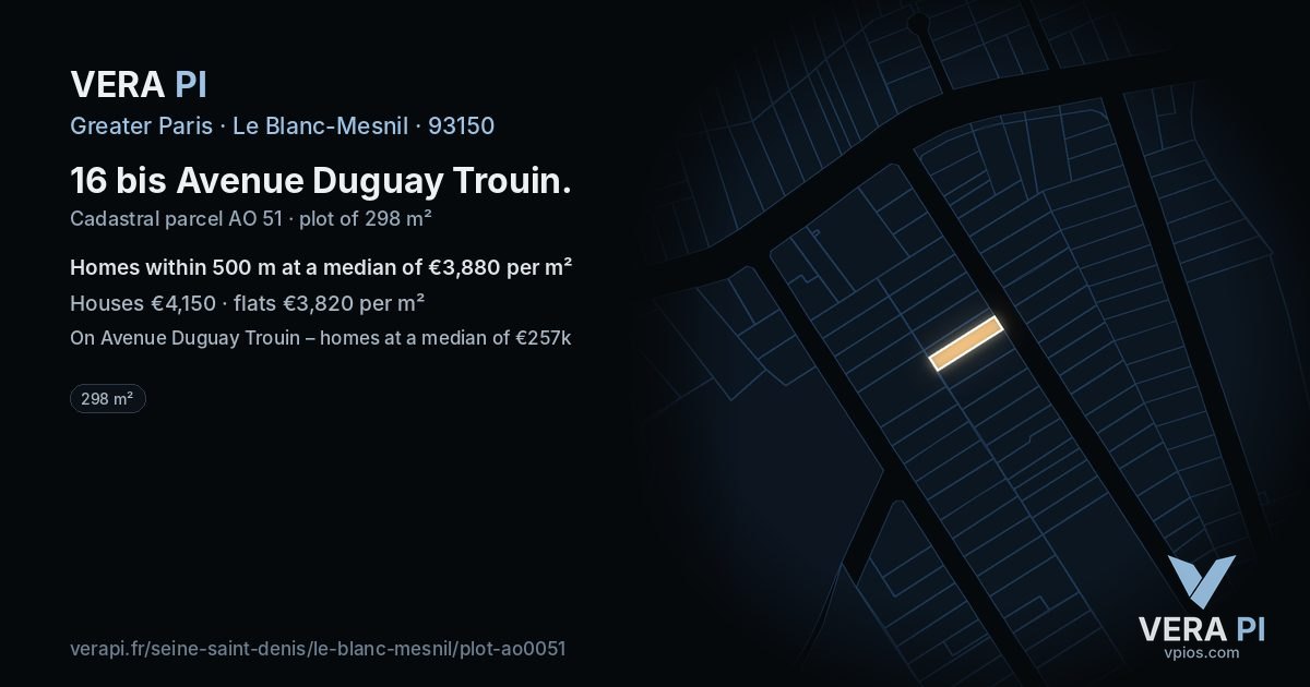 16 bis Avenue Duguay Trouin, Le Blanc-Mesnil at night – the plot lit, the parcels around coloured by the prices near them