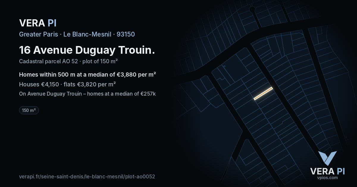 16 Avenue Duguay Trouin, Le Blanc-Mesnil at night – the plot lit, the parcels around coloured by the prices near them