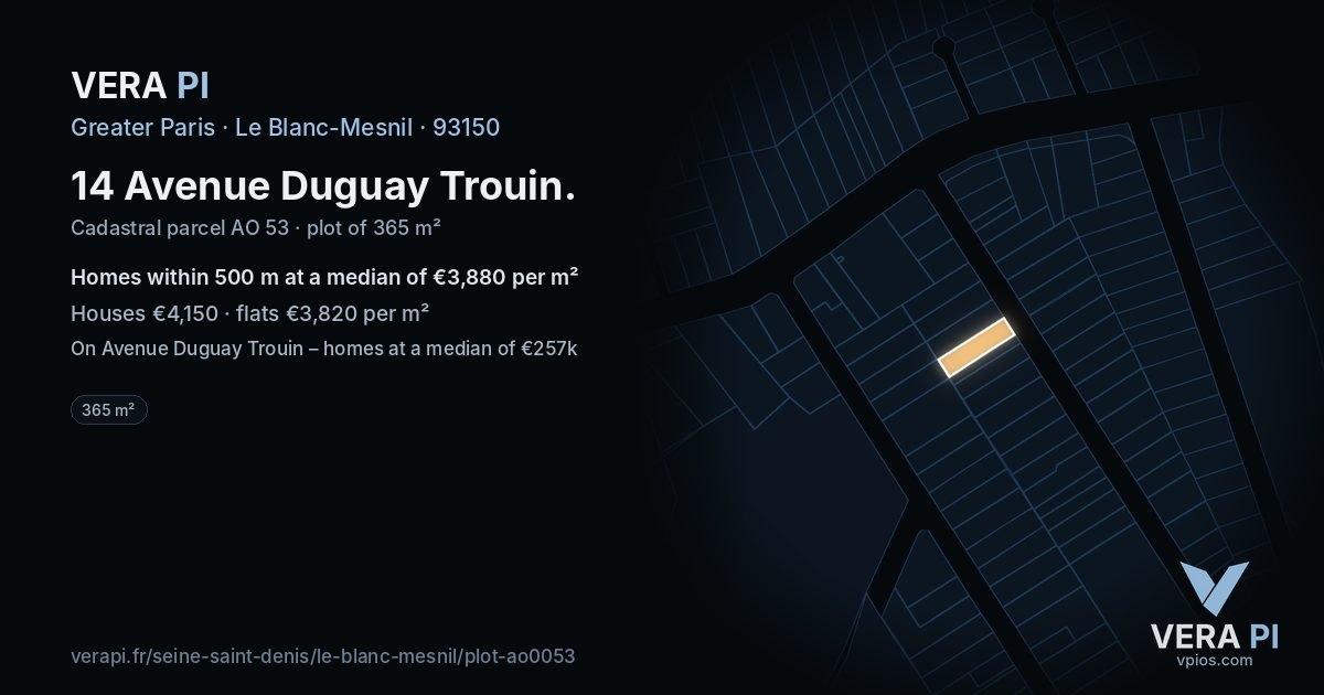 14 Avenue Duguay Trouin, Le Blanc-Mesnil at night – the plot lit, the parcels around coloured by the prices near them