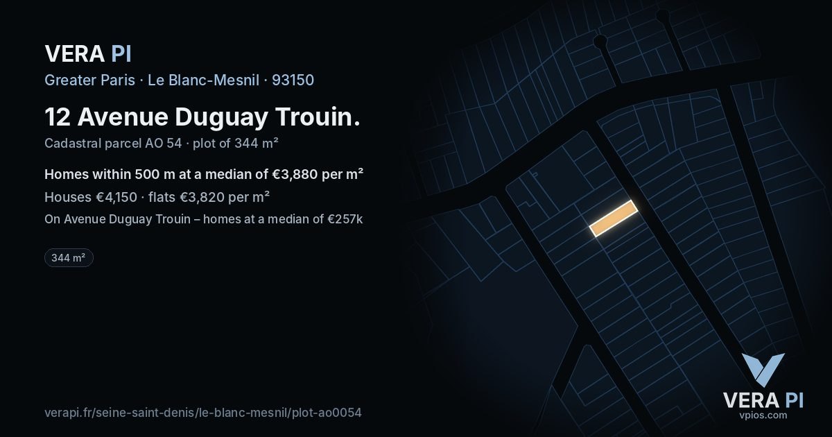 12 Avenue Duguay Trouin, Le Blanc-Mesnil at night – the plot lit, the parcels around coloured by the prices near them