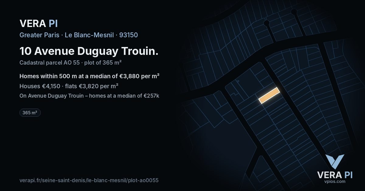 10 Avenue Duguay Trouin, Le Blanc-Mesnil at night – the plot lit, the parcels around coloured by the prices near them