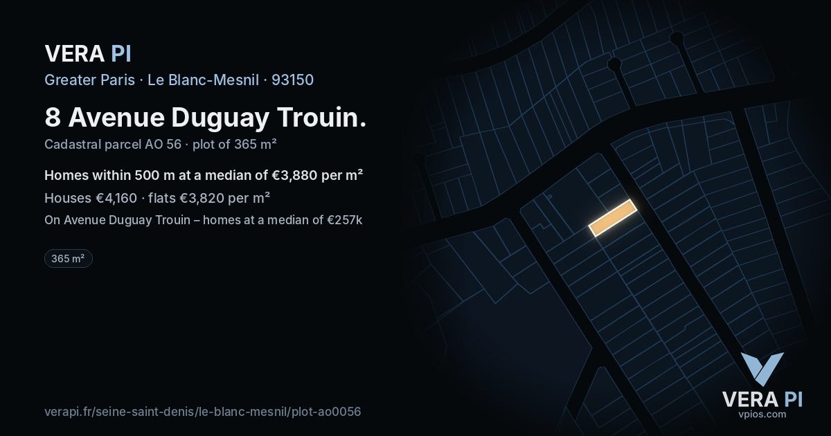 8 Avenue Duguay Trouin, Le Blanc-Mesnil at night – the plot lit, the parcels around coloured by the prices near them