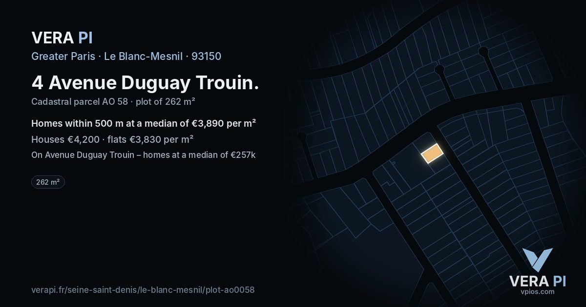 4 Avenue Duguay Trouin, Le Blanc-Mesnil at night – the plot lit, the parcels around coloured by the prices near them
