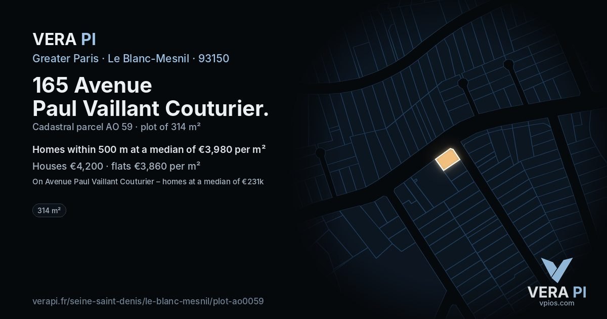 165 Avenue Paul Vaillant Couturier, Le Blanc-Mesnil at night – the plot lit, the parcels around coloured by the prices near them