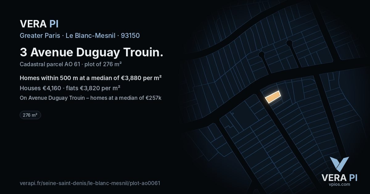 3 Avenue Duguay Trouin, Le Blanc-Mesnil at night – the plot lit, the parcels around coloured by the prices near them