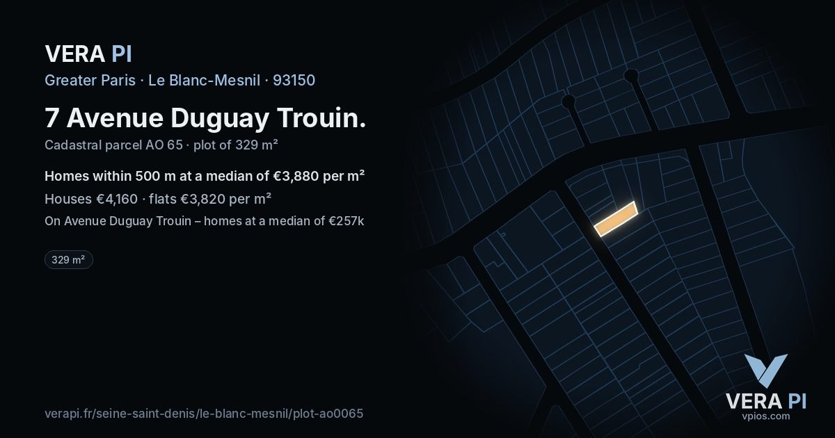 7 Avenue Duguay Trouin, Le Blanc-Mesnil at night – the plot lit, the parcels around coloured by the prices near them