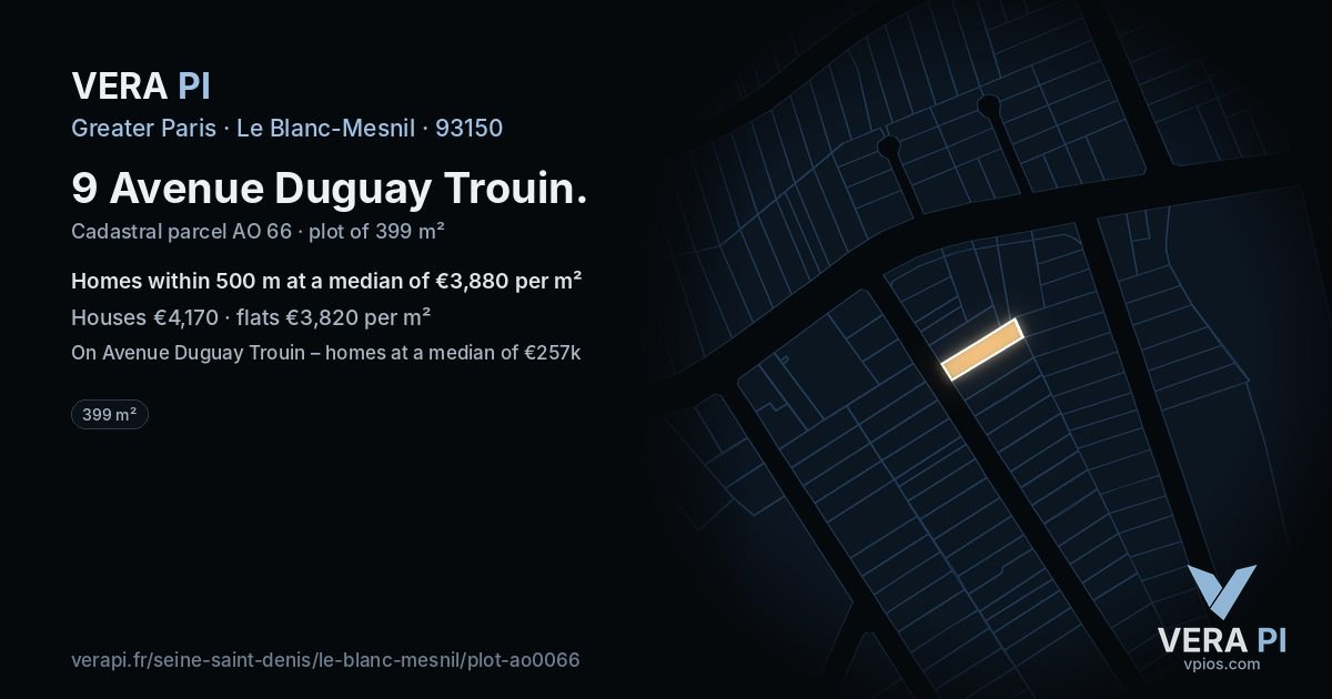 9 Avenue Duguay Trouin, Le Blanc-Mesnil at night – the plot lit, the parcels around coloured by the prices near them