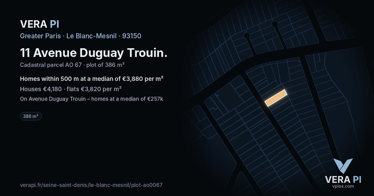 11 Avenue Duguay Trouin, Le Blanc-Mesnil at night – the plot lit, the parcels around coloured by the prices near them