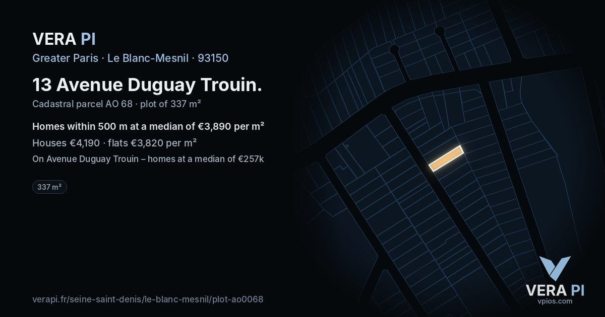 13 Avenue Duguay Trouin, Le Blanc-Mesnil at night – the plot lit, the parcels around coloured by the prices near them