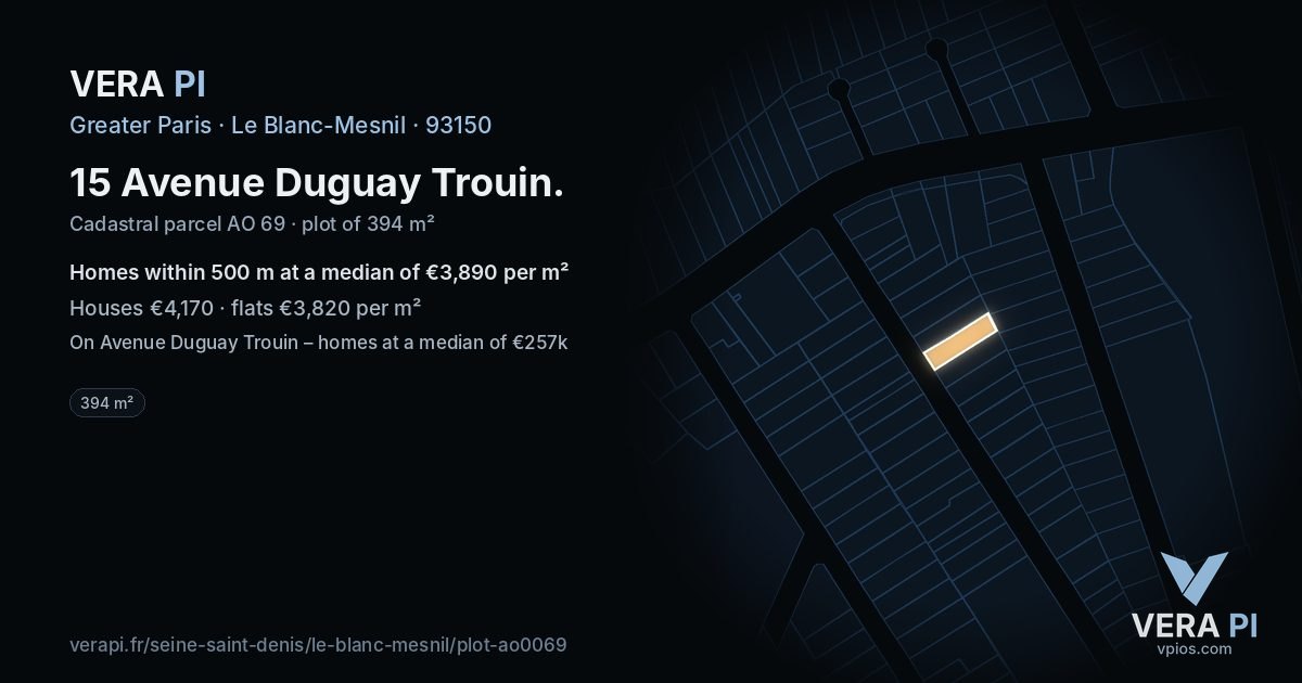 15 Avenue Duguay Trouin, Le Blanc-Mesnil at night – the plot lit, the parcels around coloured by the prices near them