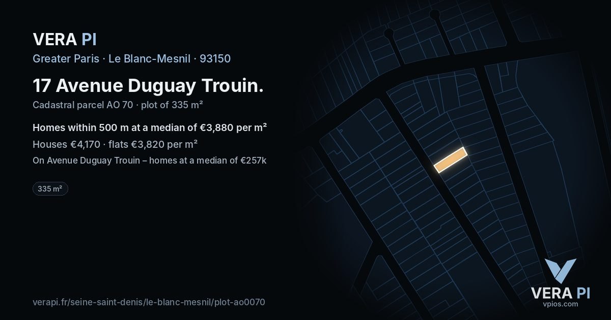 17 Avenue Duguay Trouin, Le Blanc-Mesnil at night – the plot lit, the parcels around coloured by the prices near them
