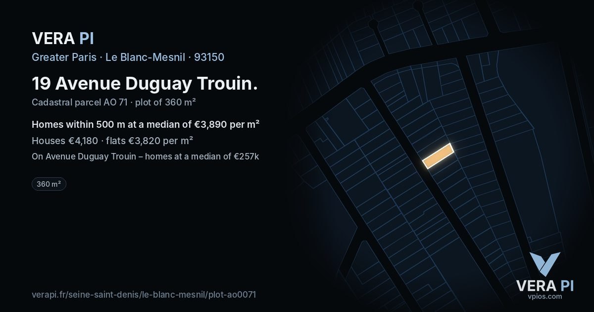 19 Avenue Duguay Trouin, Le Blanc-Mesnil at night – the plot lit, the parcels around coloured by the prices near them