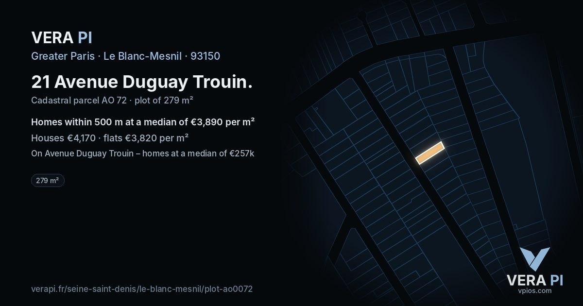 21 Avenue Duguay Trouin, Le Blanc-Mesnil at night – the plot lit, the parcels around coloured by the prices near them
