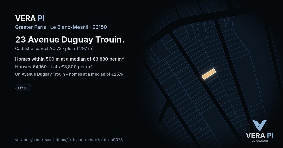 23 Avenue Duguay Trouin, Le Blanc-Mesnil at night – the plot lit, the parcels around coloured by the prices near them