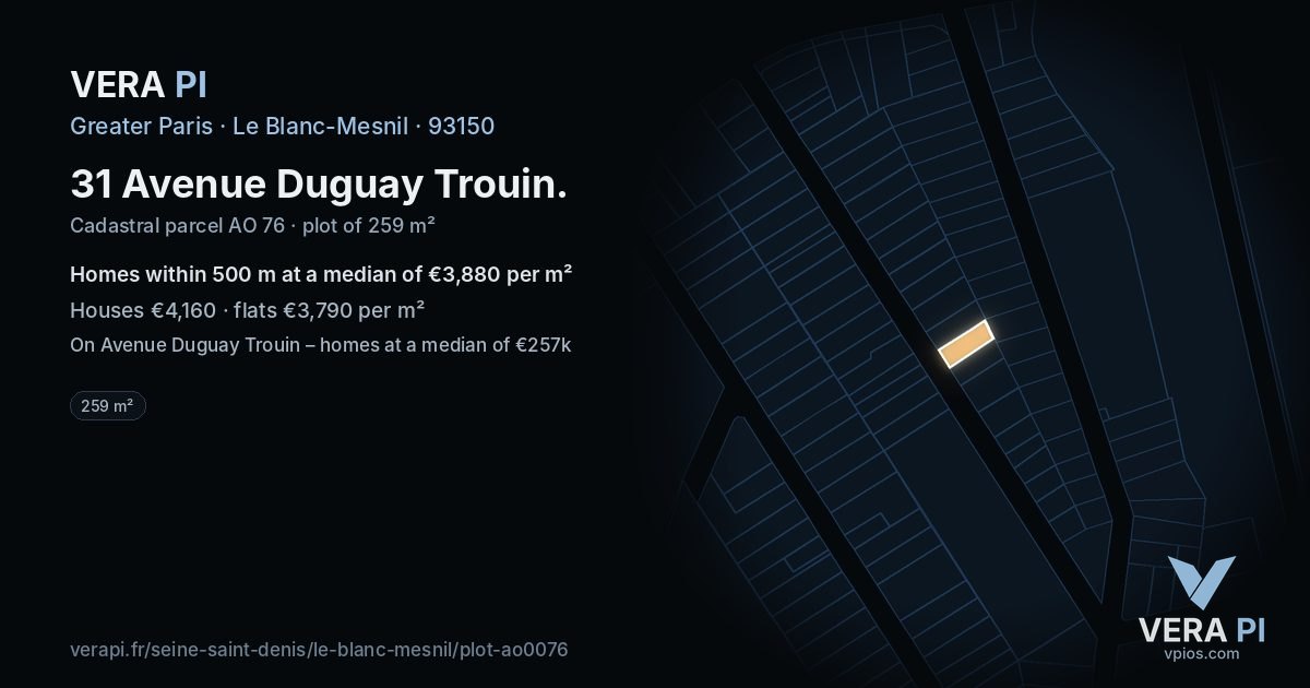 31 Avenue Duguay Trouin, Le Blanc-Mesnil at night – the plot lit, the parcels around coloured by the prices near them
