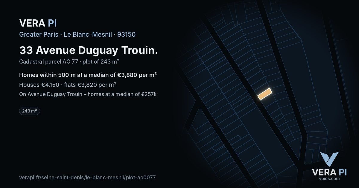 33 Avenue Duguay Trouin, Le Blanc-Mesnil at night – the plot lit, the parcels around coloured by the prices near them