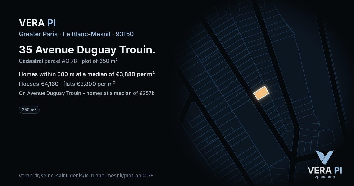 35 Avenue Duguay Trouin, Le Blanc-Mesnil at night – the plot lit, the parcels around coloured by the prices near them