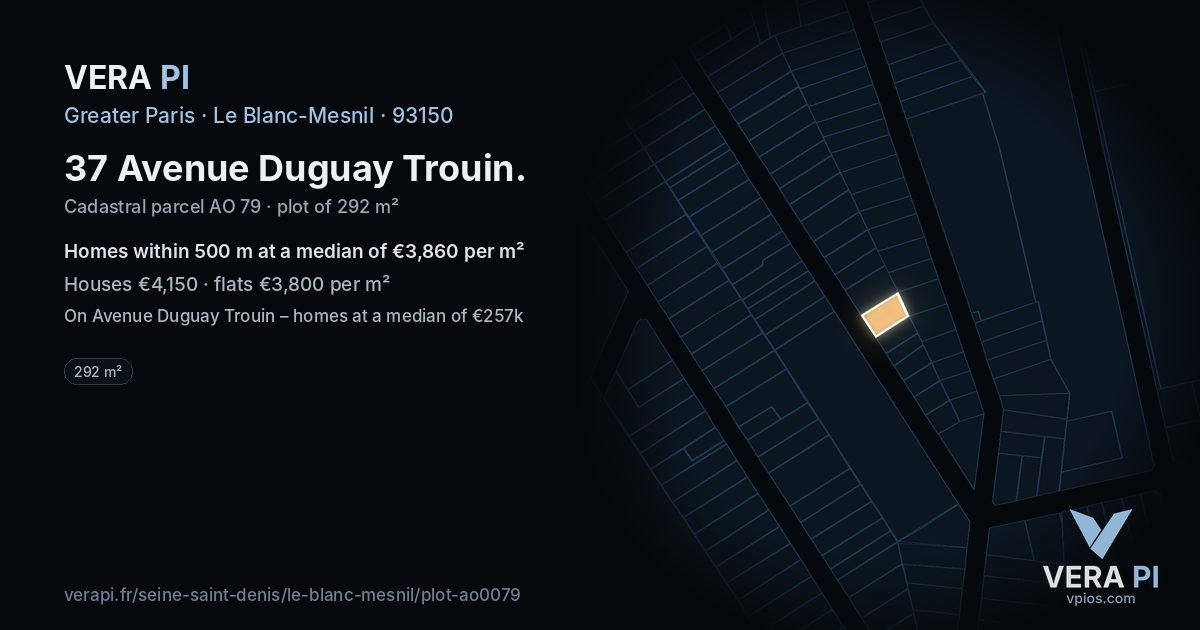 37 Avenue Duguay Trouin, Le Blanc-Mesnil at night – the plot lit, the parcels around coloured by the prices near them