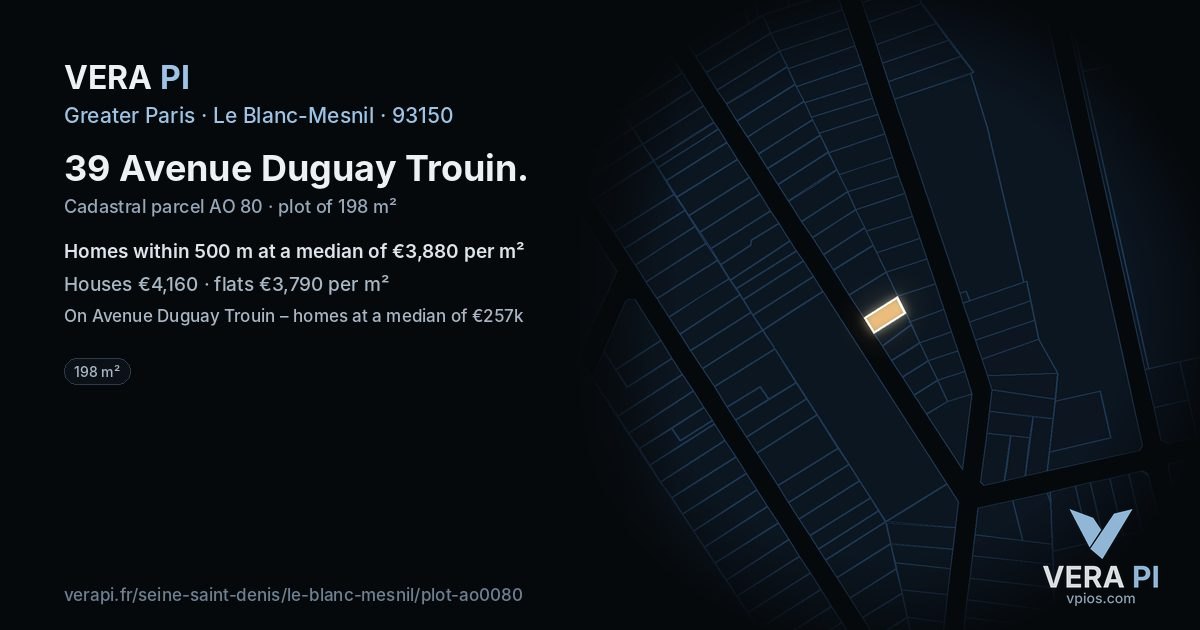 39 Avenue Duguay Trouin, Le Blanc-Mesnil at night – the plot lit, the parcels around coloured by the prices near them
