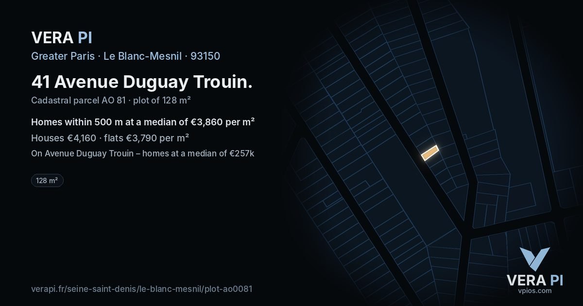 41 Avenue Duguay Trouin, Le Blanc-Mesnil at night – the plot lit, the parcels around coloured by the prices near them