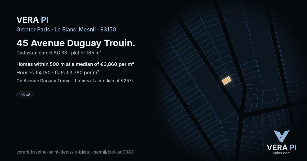 45 Avenue Duguay Trouin, Le Blanc-Mesnil at night – the plot lit, the parcels around coloured by the prices near them