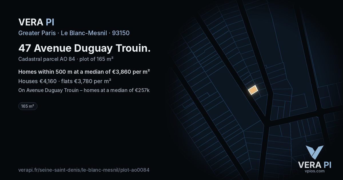 47 Avenue Duguay Trouin, Le Blanc-Mesnil at night – the plot lit, the parcels around coloured by the prices near them