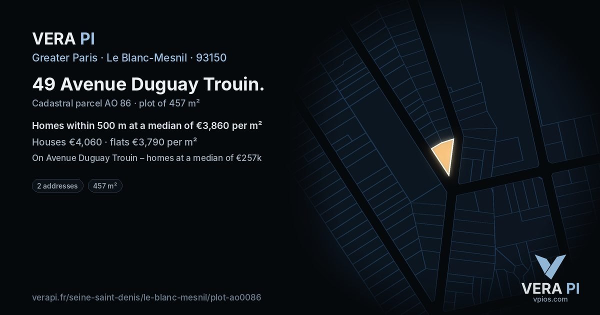 49 Avenue Duguay Trouin, Le Blanc-Mesnil at night – the plot lit, the parcels around coloured by the prices near them
