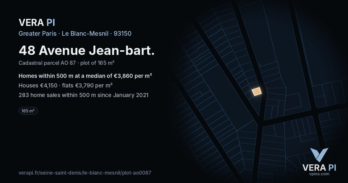 48 Avenue Jean-bart, Le Blanc-Mesnil at night – the plot lit, the parcels around coloured by the prices near them