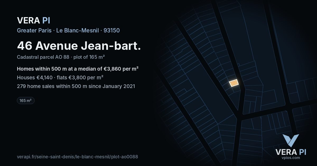 46 Avenue Jean-bart, Le Blanc-Mesnil at night – the plot lit, the parcels around coloured by the prices near them