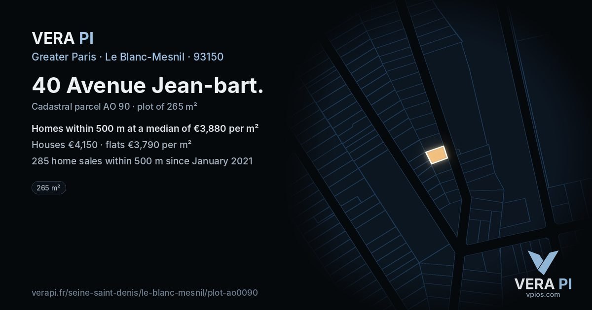40 Avenue Jean-bart, Le Blanc-Mesnil at night – the plot lit, the parcels around coloured by the prices near them