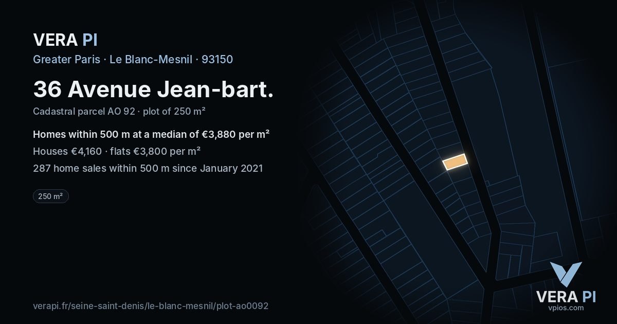36 Avenue Jean-bart, Le Blanc-Mesnil at night – the plot lit, the parcels around coloured by the prices near them