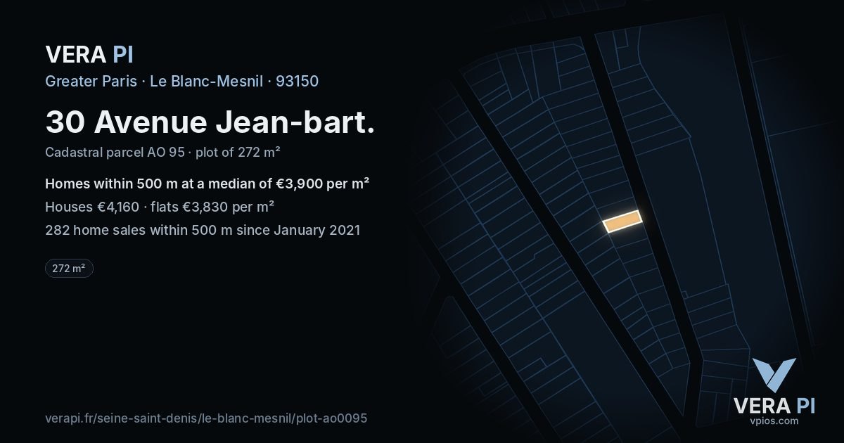 30 Avenue Jean-bart, Le Blanc-Mesnil at night – the plot lit, the parcels around coloured by the prices near them