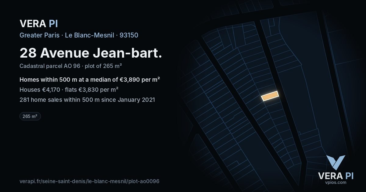 28 Avenue Jean-bart, Le Blanc-Mesnil at night – the plot lit, the parcels around coloured by the prices near them