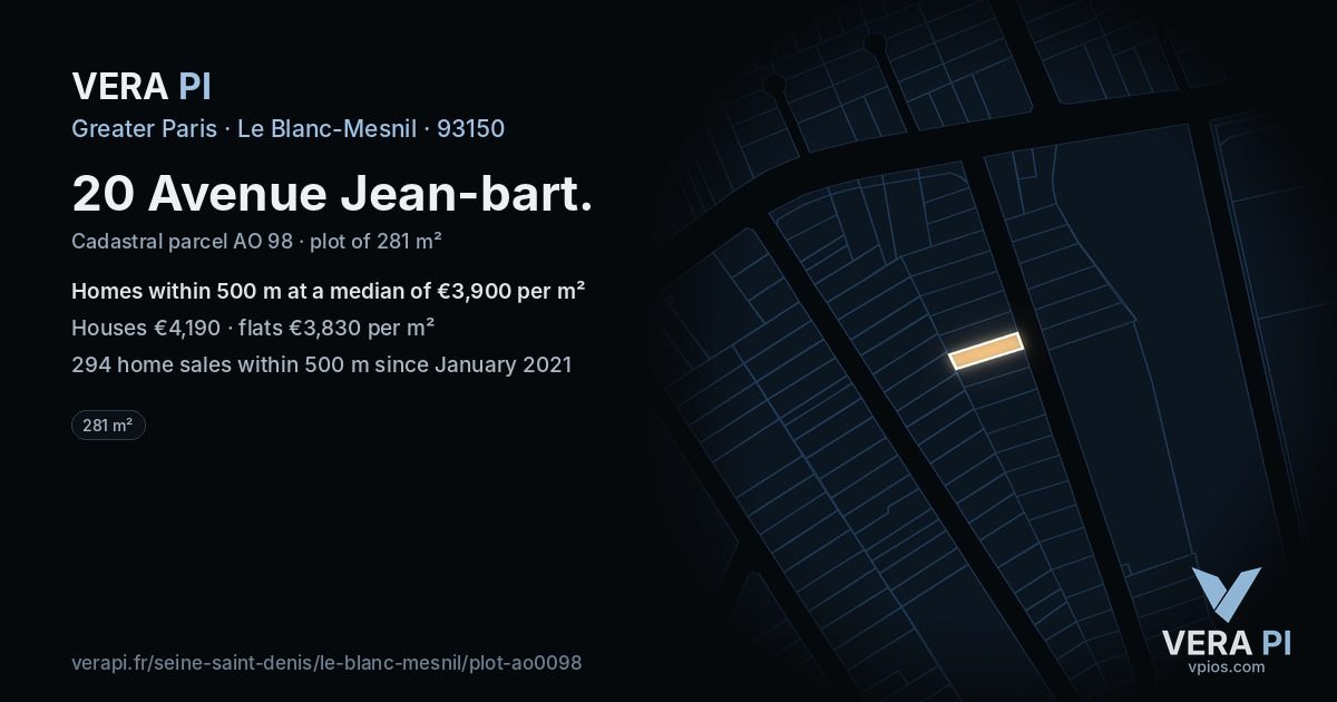 20 Avenue Jean-bart, Le Blanc-Mesnil at night – the plot lit, the parcels around coloured by the prices near them
