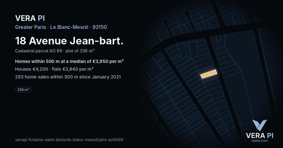 18 Avenue Jean-bart, Le Blanc-Mesnil at night – the plot lit, the parcels around coloured by the prices near them