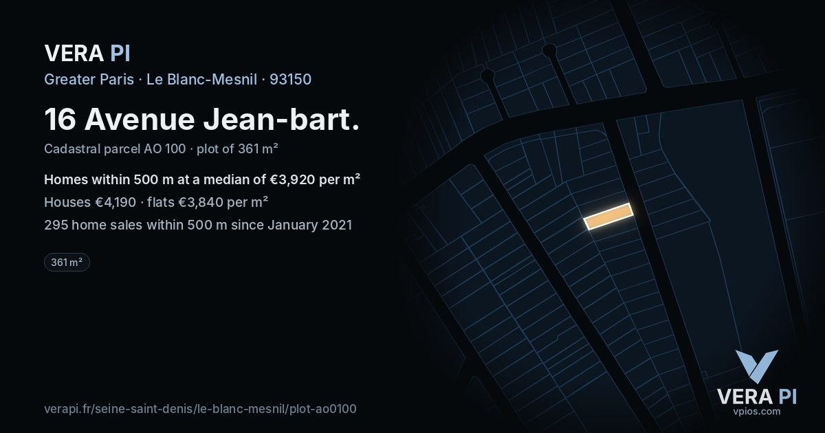 16 Avenue Jean-bart, Le Blanc-Mesnil at night – the plot lit, the parcels around coloured by the prices near them