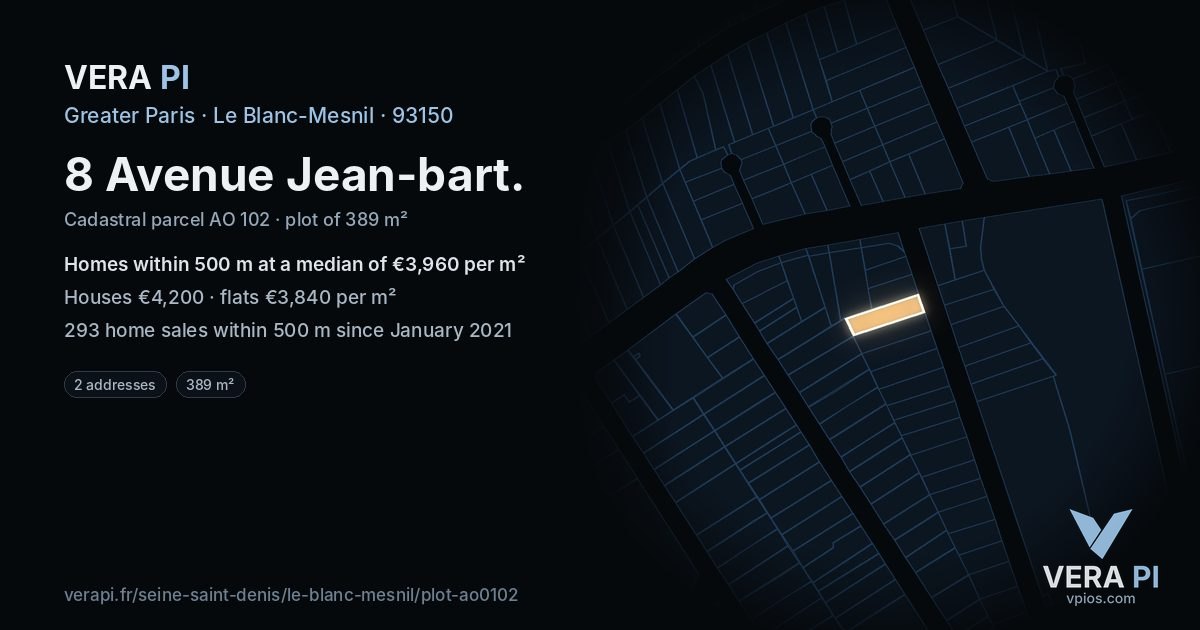 8 Avenue Jean-bart, Le Blanc-Mesnil at night – the plot lit, the parcels around coloured by the prices near them
