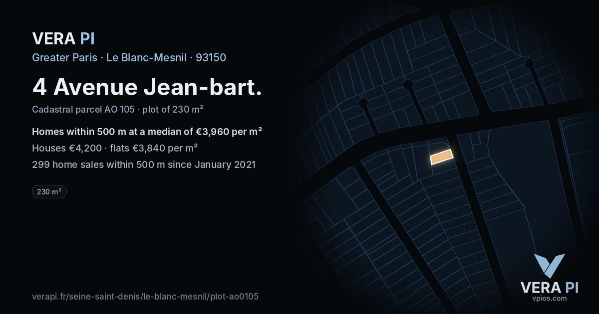4 Avenue Jean-bart, Le Blanc-Mesnil at night – the plot lit, the parcels around coloured by the prices near them