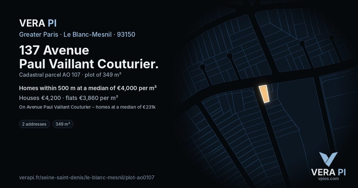 137 Avenue Paul Vaillant Couturier, Le Blanc-Mesnil at night – the plot lit, the parcels around coloured by the prices near them