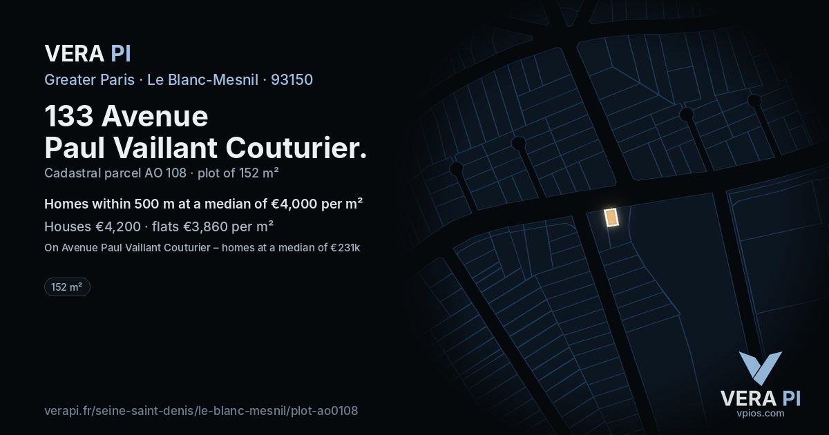 133 Avenue Paul Vaillant Couturier, Le Blanc-Mesnil at night – the plot lit, the parcels around coloured by the prices near them