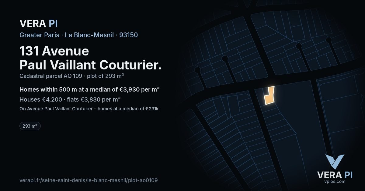 131 Avenue Paul Vaillant Couturier, Le Blanc-Mesnil at night – the plot lit, the parcels around coloured by the prices near them