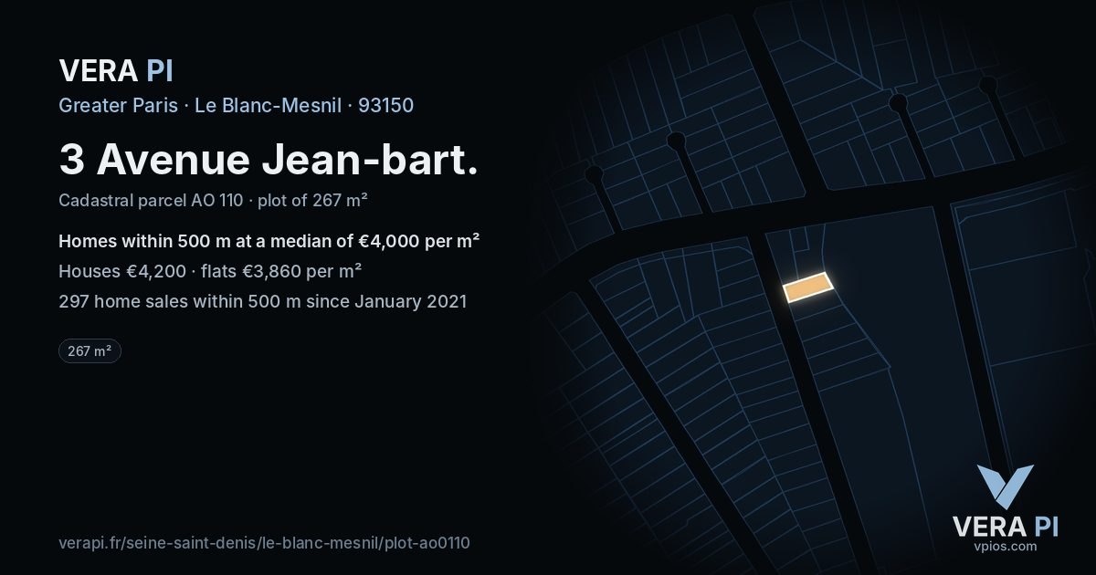 3 Avenue Jean-bart, Le Blanc-Mesnil at night – the plot lit, the parcels around coloured by the prices near them