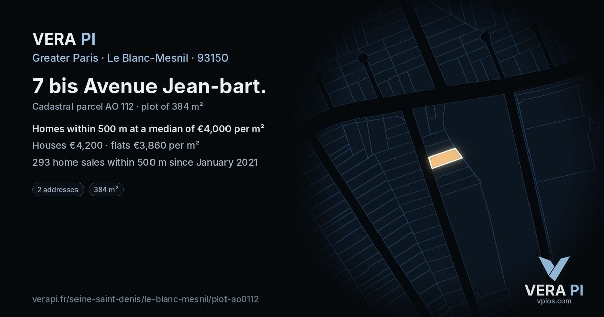 7 bis Avenue Jean-bart, Le Blanc-Mesnil at night – the plot lit, the parcels around coloured by the prices near them