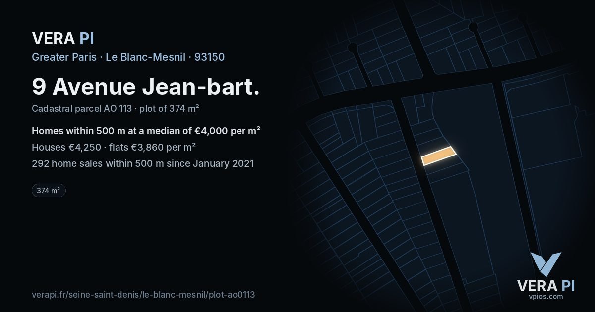 9 Avenue Jean-bart, Le Blanc-Mesnil at night – the plot lit, the parcels around coloured by the prices near them